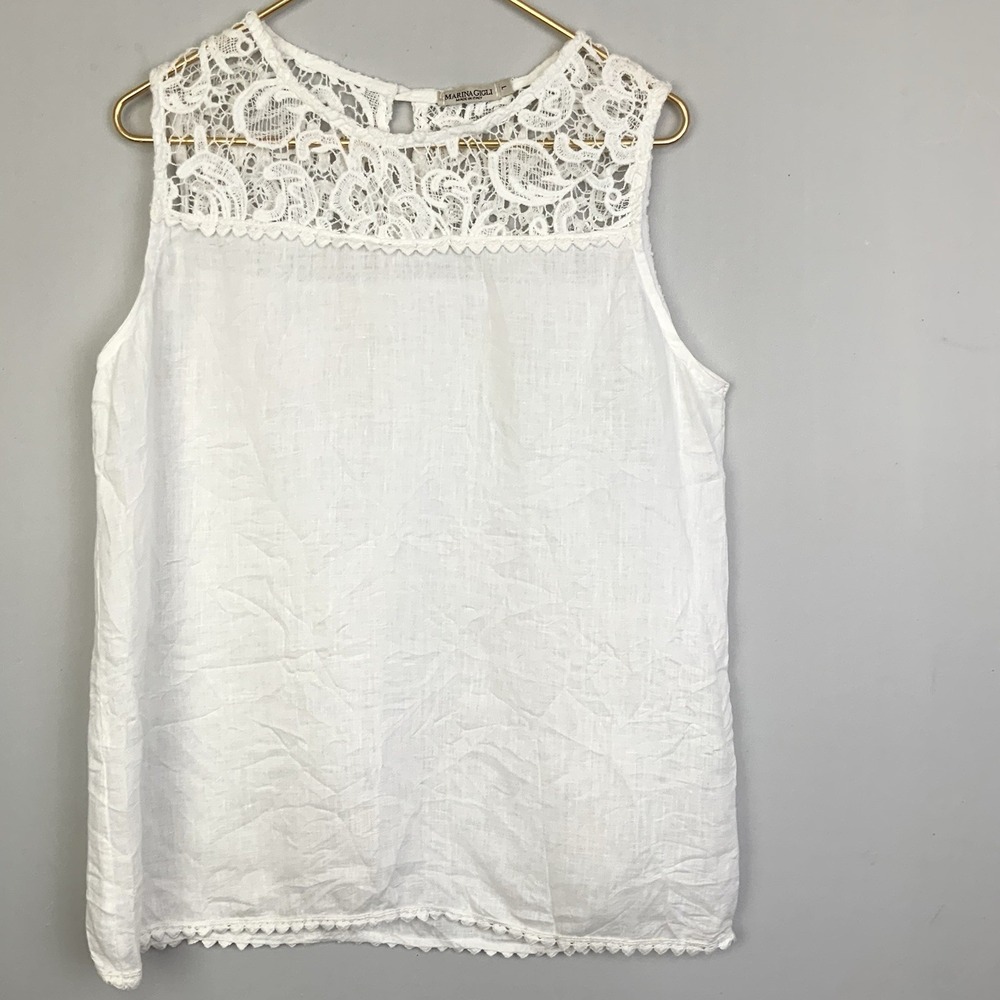 Marina Gigli Large White Linen Crochet Lace Sleeveless Top Blouse Boho Italy